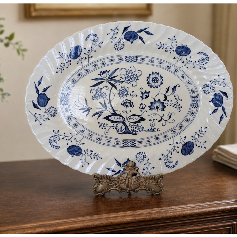 Vintage Johnson Brothers Blue Nordic Platter 14" Blue White Scalloped Ironstone